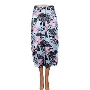 Nicholas Floral Blue Midi Skirt Pencil Pink Button Linen 2